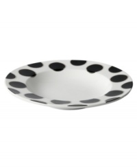 With platinum-banded dots in white porcelain, the Black Pearl rim soup bowl from Cru offers fine dining without the formality. With platinum-banded dots in white porcelain, the Black Pearl rim soup bowl from Cru offers fine dining without the formality.