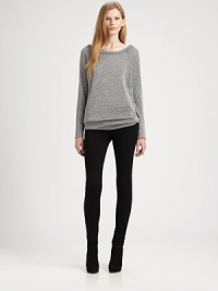Slouchy boatneck sweater styled with back cutouts and a modified racerback, finished with a subtle metallic finish. BoatneckLong sleevesLonger length hits below the hipsBack cutouts; modified racerbackLinen/woolDry cleanMade in USA of Italian fabricModel shown is 5'10 (177cm) wearing US size Small. Slouchy boatneck sweater styled with back cutouts and a modified racerback, finished with a subtle metallic finish. BoatneckLong sleevesLonger length hits below the hipsBack cutouts; modified racerbackLinen/woolDry cleanMade in USA of Italian fabricModel shown is 5'10 (177cm) wearing US size Small.