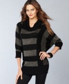 A sweater of a different stripe, INC contrasts solids with sparkling metallic knits for a wholly unique look. The longer tunic length works well with leggings or skinny jeans too.