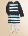 A comfy, cozy knit frock is adorned with pastel stripes and shoulder button detail for a simple, yet elegant, ensemble.CrewneckLong sleevesPullover styleRibbed cuffs and hemCottonMachine washImported