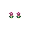 14K Yellow Gold Red and Green Flower CZ Stud Earrings with Screw-back for Children
