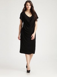 A refreshing take on the classic LBD, this knit design features an ingenious combination of a v-neck and cowlneck and it features body-flattering draped details for an unforgettable look. Cowlneck detail at v-necklineShort sleevesDraped details on frontAbout 31 from natural waistRayonHand washImported A refreshing take on the classic LBD, this knit design features an ingenious combination of a v-neck and cowlneck and it features body-flattering draped details for an unforgettable look. Cowlneck detail at v-necklineShort sleevesDraped details on frontAbout 31 from natural waistRayonHand washImported