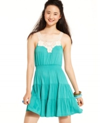 A lace and crochet knit design creates the prettiest neckline of all on a summery day dress from Pink Rose that's oh-so fresh! A lace and crochet knit design creates the prettiest neckline of all on a summery day dress from Pink Rose that's oh-so fresh!