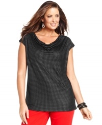 Look stunning in studs with Jones New York Signature's cap sleeve plus size top-- it's party-perfect! Look stunning in studs with Jones New York Signature's cap sleeve plus size top-- it's party-perfect!
