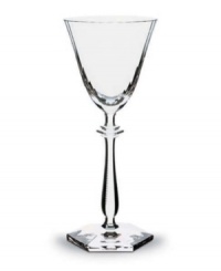 With a thin, regal shape that flows up from a sturdy, hexagonal base to a pedestal decoration at the neck, the Arcade wine glass is as delicate and tough as the most proper royalty. With a thin, regal shape that flows up from a sturdy, hexagonal base to a pedestal decoration at the neck, the Arcade wine glass is as delicate and tough as the most proper royalty.