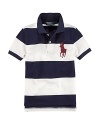 A colorful striped design and Big Pony accent the classic polo shirt in breathable cotton mesh.