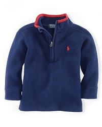 A handsome sweater is rendered in soft French-rib cotton with a half-zip mockneck for versatile styling. A handsome sweater is rendered in soft French-rib cotton with a half-zip mockneck for versatile styling.