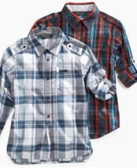 Traditional plaid for the popular kid in-the-making. He'll want to pair this Sean John shirt with his favorite jeans for a look that screams cool. Traditional plaid for the popular kid in-the-making. He'll want to pair this Sean John shirt with his favorite jeans for a look that screams cool.
