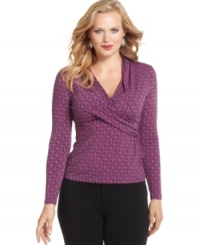 Bold geometric print takes a sexy turn with Charter Club's plus size jersey top. The crisscrossing wrap details flatter the figure and enhance curves all at once! Bold geometric print takes a sexy turn with Charter Club's plus size jersey top. The crisscrossing wrap details flatter the figure and enhance curves all at once!