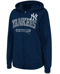Give it up for the team you love. This Majestic Apparel Yankees hoodie is the ultimate show of support--fitted for a woman's body. Give it up for the team you love. This Majestic Apparel Yankees hoodie is the ultimate show of support--fitted for a woman's body.