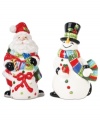 Savor every meal of the holiday season with Fitz and Floyd salt and pepper shakers. An especially jolly Santa and equally cheerful snowman don matching scarves and gifts for the table.