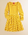 Allover monochromatic stripes and a twirl-perfect circle skirt lend a fun, graphic air to this knit dress.Scoop neckLong sleevesPull-on styleCircle skirt50% Tencel/42% cotton/8% LycraMachine washImported
