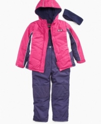 Bundle her up for a ball of fun in the cold with this jacket and bib snowsuit set from Pink Platinum. Bundle her up for a ball of fun in the cold with this jacket and bib snowsuit set from Pink Platinum.