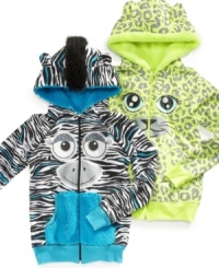 Get cozy with fun jungle animals, these hoodies from Belle du Jour are cute and colorful. Get cozy with fun jungle animals, these hoodies from Belle du Jour are cute and colorful.