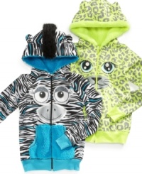 Get cozy with fun jungle animals, these hoodies from Belle du Jour are cute and colorful.