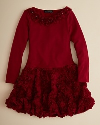 Long sleeve drop waist bubble hem knit dress adorned with gorgeous embroidered netting roses at neck and all over the skirt. Long sleeve drop waist bubble hem knit dress adorned with gorgeous embroidered netting roses at neck and all over the skirt.