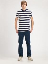 Dress-down style is a breeze in this lightweight, striped cotton jersey classic.Three-button placketCottonMachine washImported Dress-down style is a breeze in this lightweight, striped cotton jersey classic.Three-button placketCottonMachine washImported