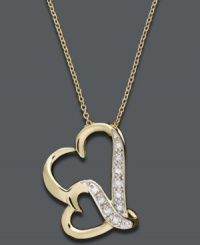 Keep all good things close to your heart. This stunning pendant features a double heart design, decorated with round-cut diamonds (1/10 ct. t.w.). Crafted in 18k gold over sterling silver. Approximate length: 18 inches. Approximate drop: 8/10 inch. Keep all good things close to your heart. This stunning pendant features a double heart design, decorated with round-cut diamonds (1/10 ct. t.w.). Crafted in 18k gold over sterling silver. Approximate length: 18 inches. Approximate drop: 8/10 inch.