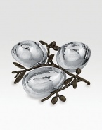 Symbolizing peace and harmony, the olive branch and its shapely leaves gracefully hold three gleaming little bowls for serving condiments or snacks. From the Olive Branch CollectionStainless steel and oxidized bronze1½H X 8W X 8½LHand washImported