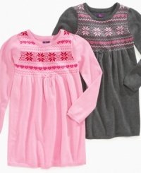 The Fair Isle pattern on this So Jenni sweater dress gives her a sweet, traditional look. The Fair Isle pattern on this So Jenni sweater dress gives her a sweet, traditional look.