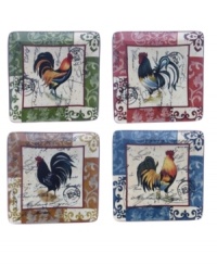 Vintage-inspired Lille Rooster salad plates layer farm birds, Baroque florals and notes from France in a set shaped for modern tables but steeped in old-world charm. From Certified International.