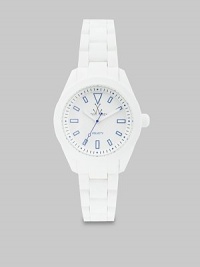 From the Velvety Collection. A tactile, ultra-lightweight design with a sleek style. Quartz movementWater resistant to 5 ATMRound silicone case, 41mm (1.5)Stainless steel case back and crownSmooth bezelWhite dialBlue bar hour markersSecond hand Silicone link braceletImported From the Velvety Collection. A tactile, ultra-lightweight design with a sleek style. Quartz movementWater resistant to 5 ATMRound silicone case, 41mm (1.5)Stainless steel case back and crownSmooth bezelWhite dialBlue bar hour markersSecond hand Silicone link braceletImported