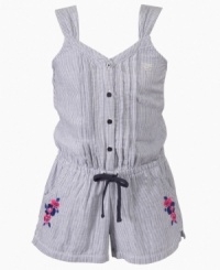 Pinpoint her casual style with this sweet, striped romper from Guess. Pinpoint her casual style with this sweet, striped romper from Guess.