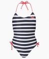 Set for summer. In this chic striped one-piece swimsuit from Roxy, she'll be ready to hit the beach in playful style.