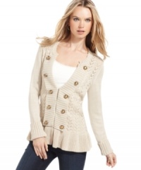 Shape up your look in Debbie Morgan's military-inspired cardigan - decorative buttons and a pretty ruffled peplum add a daring dash of style! Shape up your look in Debbie Morgan's military-inspired cardigan - decorative buttons and a pretty ruffled peplum add a daring dash of style!