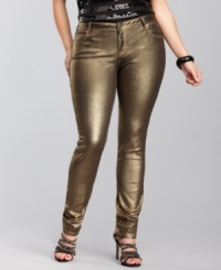 Metallic-coated denim -- what could be more perfect for holiday parties and seasonal soirees! INC's plus size jeans feature a tailored, skinny fit in burnished gold. Metallic-coated denim -- what could be more perfect for holiday parties and seasonal soirees! INC's plus size jeans feature a tailored, skinny fit in burnished gold.