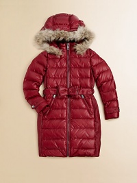 Winter warmth from her head to her knees, shaped for style as well as comfort, with a faux fur-trimmed hood and a pretty bow at the waist.Snap-off faux fur-trimmed hoodStand collarFront zip closeAttached elasticized belt with bowSnap tabs at cuffsAngled zip pocketsShimmery side panel insetsFully linedWhite goose down fillShell: NylonFill: Goose down cluster/white goose down feathersMachine washImported Winter warmth from her head to her knees, shaped for style as well as comfort, with a faux fur-trimmed hood and a pretty bow at the waist.Snap-off faux fur-trimmed hoodStand collarFront zip closeAttached elasticized belt with bowSnap tabs at cuffsAngled zip pocketsShimmery side panel insetsFully linedWhite goose down fillShell: NylonFill: Goose down cluster/white goose down feathersMachine washImported