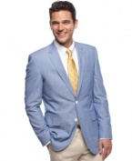 Finish off your look with clean, cool chambray. This Tommy Hilfiger blazer is the prepster's staple.