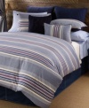 Snug stripes. This Sun Valley comforter set from Tommy Hilfiger features textured blue and ivory horizontal stripes with red and tan accents for homespun charm. Reverses to solid.