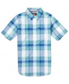 Keep him looking cool in school. This short-sleeved, plaid, button-down Quiksilver shirt can be paired with khakis or jeans for a crisp, put-together style.