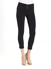 Rugged yet sleek, this stretchy style features a wide faux button waistband and ankle zippers.Pull-on style Wide waistband with decorative buttons Zip closure at ankles About 22 from shoulder to hem 85% polyester/15% spandex Machine wash Imported Rugged yet sleek, this stretchy style features a wide faux button waistband and ankle zippers.Pull-on style Wide waistband with decorative buttons Zip closure at ankles About 22 from shoulder to hem 85% polyester/15% spandex Machine wash Imported