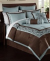 Color contrast. In a light blue and deep brown palette, this comprehensive Rosenthal comforter set offers a look of suite sophistication for your space with intricate embroidery and luxe jacquard woven fabric.