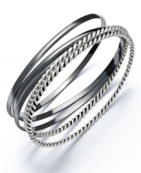 Add instant style with stackable bangles. Alfani's trendy set features five silver tone and hematite tone mixed metal bangles in varying textures. Approximate diameter: 2-3/4 inches. Add instant style with stackable bangles. Alfani's trendy set features five silver tone and hematite tone mixed metal bangles in varying textures. Approximate diameter: 2-3/4 inches.