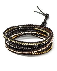 Chan Luu's must-have wrap bracelets, crafted of leather cord and multi colored stones, perfect free spirited style. This gold vermeil-embellished piece is a gleaming way to work the look. Chan Luu's must-have wrap bracelets, crafted of leather cord and multi colored stones, perfect free spirited style. This gold vermeil-embellished piece is a gleaming way to work the look.