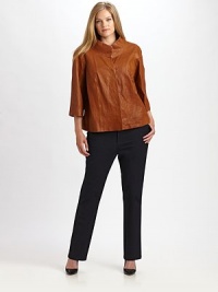 Buttery leather adds an incredibly chic touch to this snap-front design with modern three-quarter sleeves and convenient slash pockets.Stand collarThree-quarter sleevesConcealed snap button closureSlash pocketsFully linedAbout 23 from shoulder to hemLambskin leatherDry clean by leather specialistImported of Italian fabric Buttery leather adds an incredibly chic touch to this snap-front design with modern three-quarter sleeves and convenient slash pockets.Stand collarThree-quarter sleevesConcealed snap button closureSlash pocketsFully linedAbout 23 from shoulder to hemLambskin leatherDry clean by leather specialistImported of Italian fabric