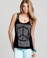 A striped back provides a cool contrast on this Lauren Moshi tank, emblazoned with a peace sign. A striped back provides a cool contrast on this Lauren Moshi tank, emblazoned with a peace sign.