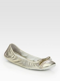 Cap toe metallic leather flat with bow and logo detail. Metallic leather upperLeather liningRubber solePadded insoleImportedbr>OUR FIT MODEL . Cap toe metallic leather flat with bow and logo detail. Metallic leather upperLeather liningRubber solePadded insoleImportedbr>OUR FIT MODEL .