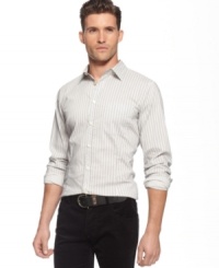From Armani Jeans: Classic shirting in a yarn-dye design, made with just enough stretch to help it follow the body and prevent wrinkling. From Armani Jeans: Classic shirting in a yarn-dye design, made with just enough stretch to help it follow the body and prevent wrinkling.