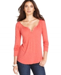 This super-soft henley tee from DKNY Jeans offers a relaxed fit and wide scoop neckline. It's a feminine take on a weekend classic. This super-soft henley tee from DKNY Jeans offers a relaxed fit and wide scoop neckline. It's a feminine take on a weekend classic.
