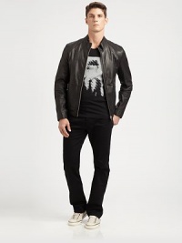 A classic bomber style with a downtown edge, featuring expert craftsmanship and attention to detail, crafted in luxurious, lambskin leather.Zip frontStand collarSide zip pocketsFully linedAbout 25 from shoulder to hemLeatherDry cleanImported A classic bomber style with a downtown edge, featuring expert craftsmanship and attention to detail, crafted in luxurious, lambskin leather.Zip frontStand collarSide zip pocketsFully linedAbout 25 from shoulder to hemLeatherDry cleanImported