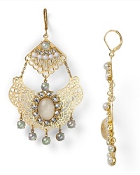 Delicate opal acrylic stones set against gold plated filigree ensure that Aqua's statement drop earrings perfect effortless, feminine style. Delicate opal acrylic stones set against gold plated filigree ensure that Aqua's statement drop earrings perfect effortless, feminine style.