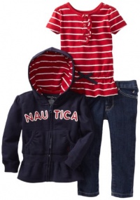 Nautica Sportswear Kids Girls 2-6X Knit Top and Denim Bottom Full Zip Hoodie Sweater Set, New Sport Navy, 2T