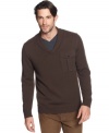 Layer up with luxury and this handsome 100% cotton, shawl-collar sweater from Marc New York.