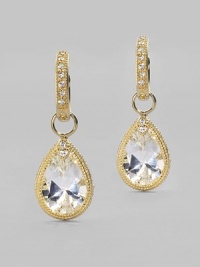 Like a crystalline dewdrop, these faceted white topaz stones, accented with diamonds, are radiant within settings of 18k yellow gold. White topaz Diamonds, 0.04 tcw 18k yellow gold Charm length, about ¾ Charm width, about ½ Jump ring bale Imported Please note: Earrings sold separately Like a crystalline dewdrop, these faceted white topaz stones, accented with diamonds, are radiant within settings of 18k yellow gold. White topaz Diamonds, 0.04 tcw 18k yellow gold Charm length, about ¾ Charm width, about ½ Jump ring bale Imported Please note: Earrings sold separately