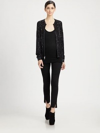 Delicate sequins add sparkle to this cashmere-blend knit design.Rib-knit crewneck, cuffs and hemFront zipSide slash pocketsAbout 24 from shoulder to hem70% cashmere/30% silkDry cleanImported of Italian fabricModel shown is 5'11 (180cm) wearing US size Small. Delicate sequins add sparkle to this cashmere-blend knit design.Rib-knit crewneck, cuffs and hemFront zipSide slash pocketsAbout 24 from shoulder to hem70% cashmere/30% silkDry cleanImported of Italian fabricModel shown is 5'11 (180cm) wearing US size Small.