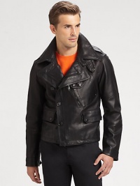 Sumptuous Italian leather lends rugged refinement to a trim-fitting jacket with a modern, asymmetrical construction.Zip/button frontZippered chest, waist flap pocketsAbout 21 from shoulder to hemLeatherDry cleanMade in Italy